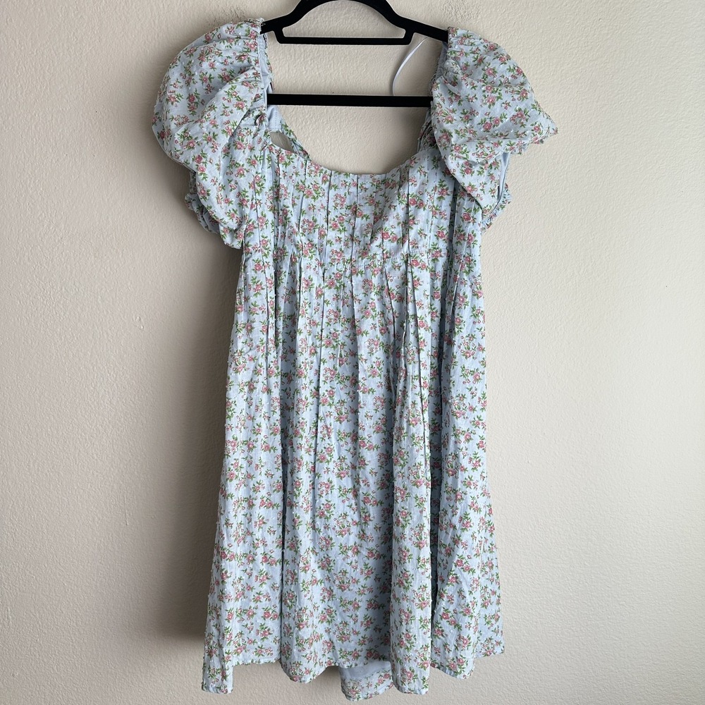 Bebop Floral Puff Sleeve Mini Dress Womens Large Blue Swiss Dot Tie Back Open